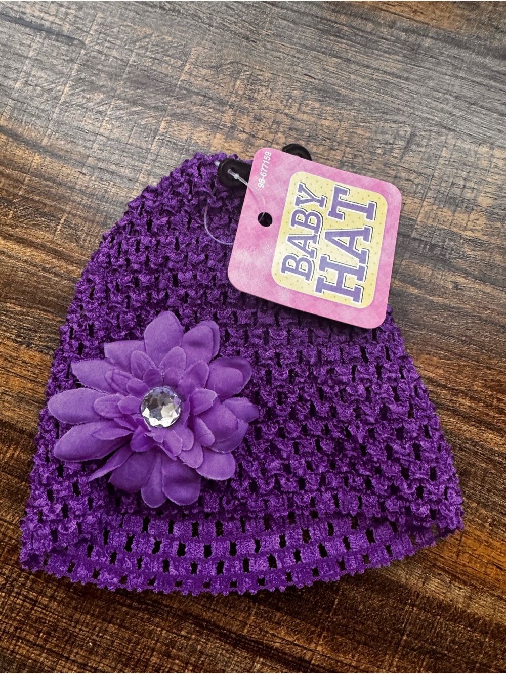 New Baby Girl Purple Crochet Beanie Hat with Flower Rhinestone NWT